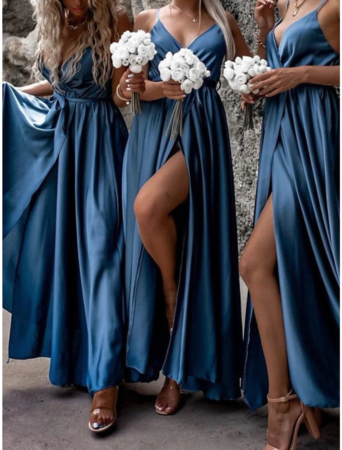 Wholesale Sheath / Column Bridesmaid Dress V Neck / Spaghetti Strap Sleeveless Elegant Sweep / Brush Train Charmeuse with Split Front